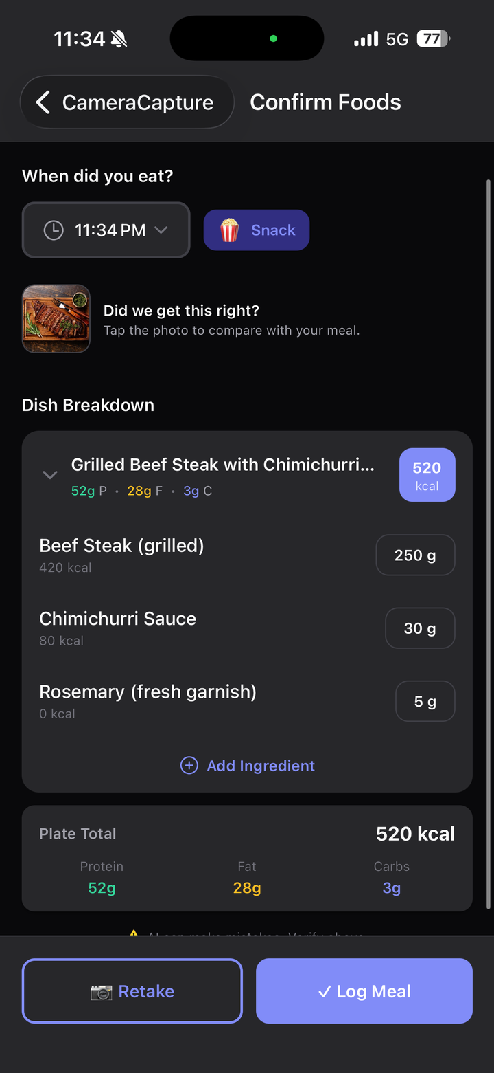 AI meal logging — snap a photo and StackCheck breaks the dish into ingredients, calories and macros
