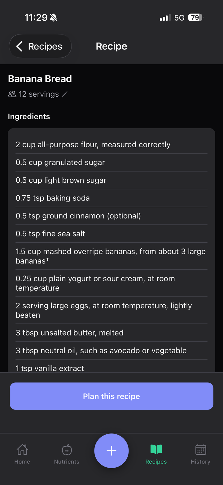 Recipe detail showing ingredients so you can plan meals and track their nutrients