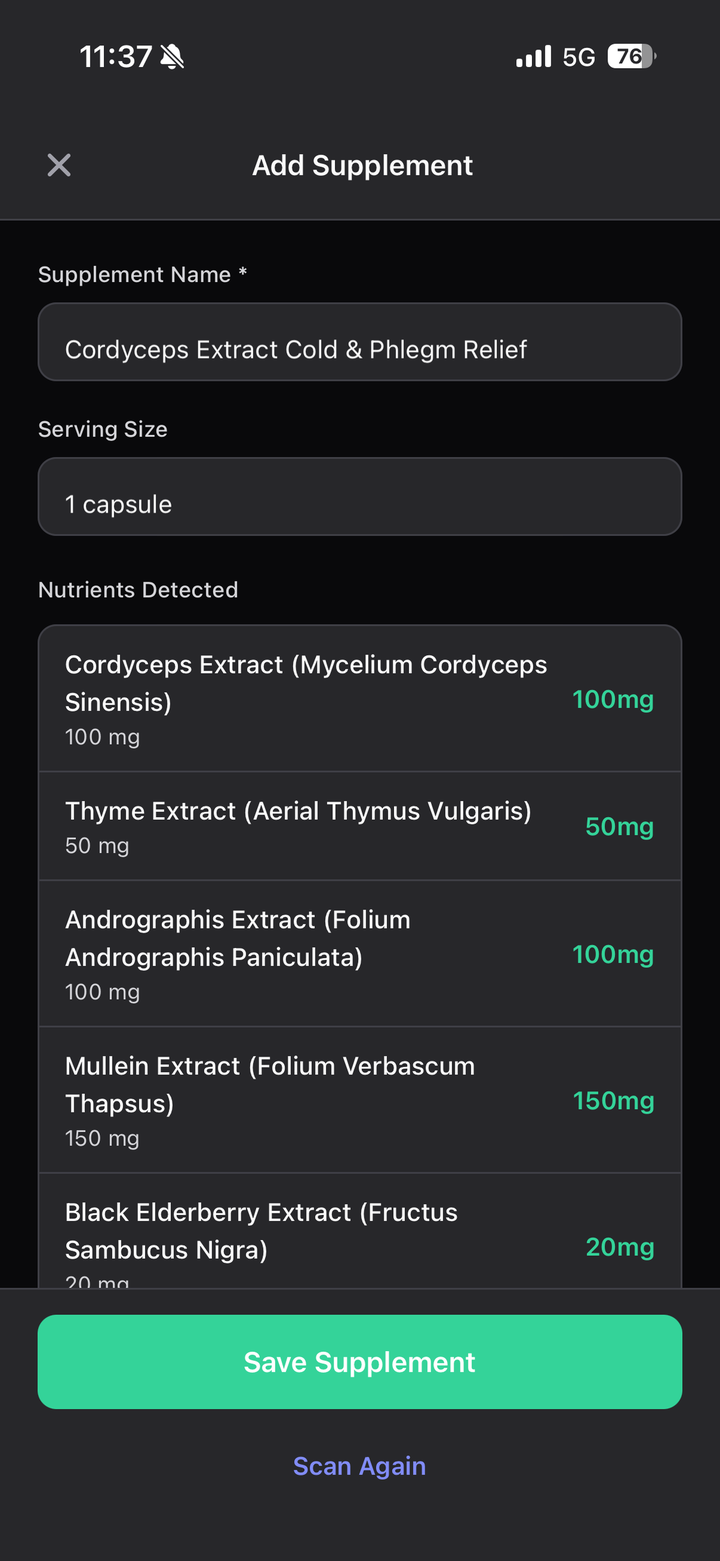 Supplement label scanning — point your camera at a label and StackCheck detects the nutrients and doses